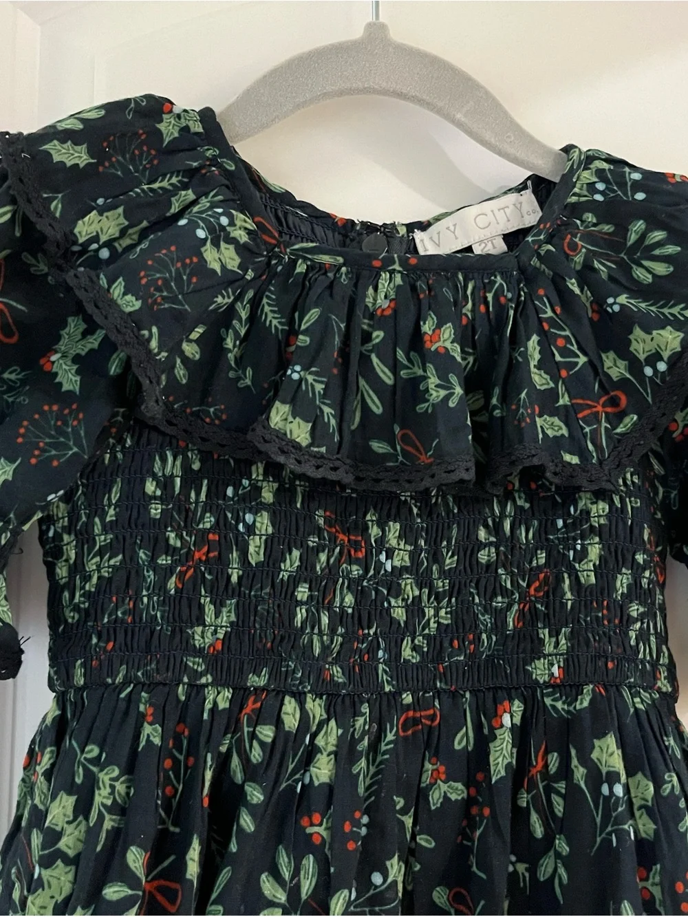 Ivy City Co Dark Green Floral Ruffle Smocked Dress with Red Accents